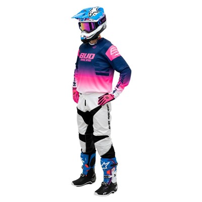 Maillot Bud Racing Lazer Marine Rose Fluo Blanc  