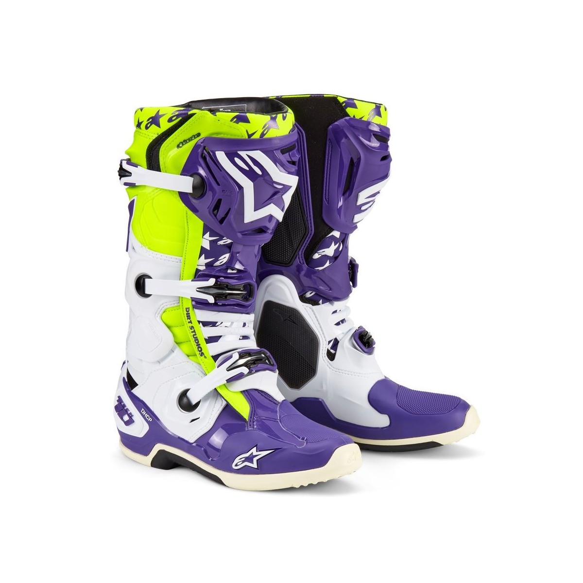 Bottes Alpinestars Tech 10 LE Dirt Studios Blanc Violet Jaune Fluo 