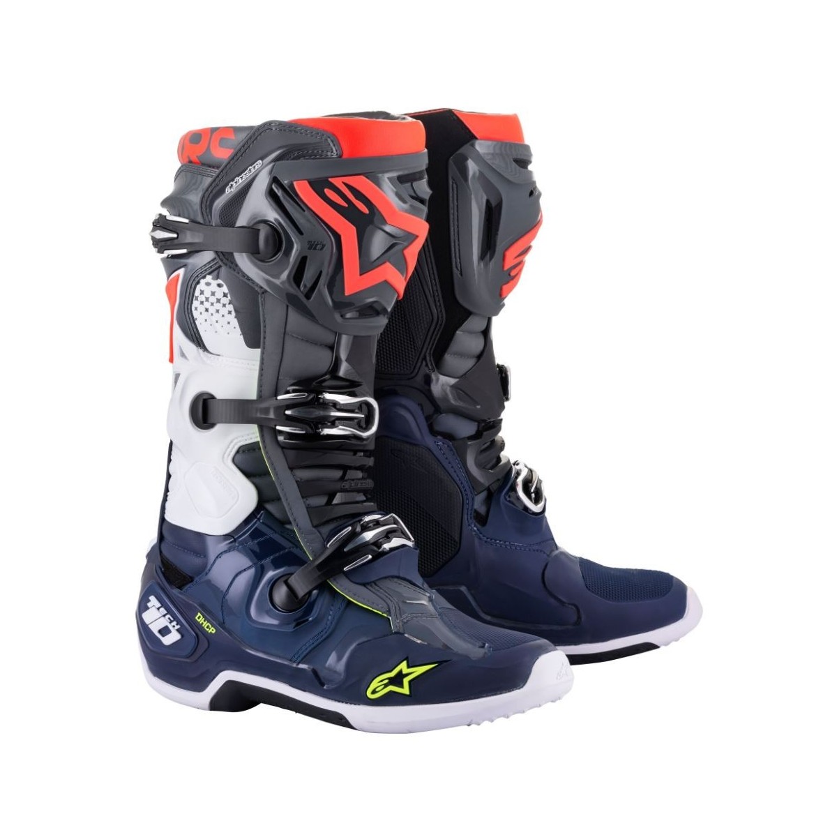 Bottes Alpinestars Tech 10 Gris foncé Bleu foncé Rouge Fluo 