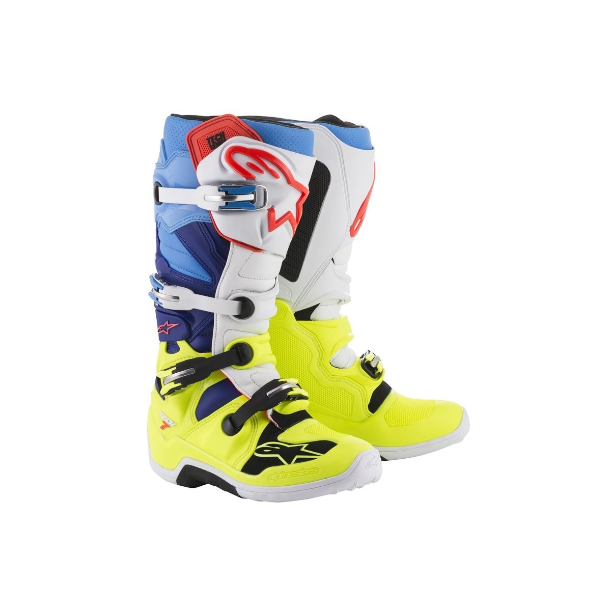 Bottes Alpinestars Tech 7 Jaune Fluo Blanc Bleu Cyan 