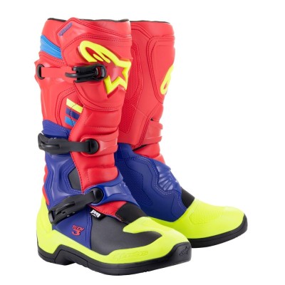 Bottes Alpinestars Tech 3 Rouge Brillant Bleu Foncé Jaune Fluo 