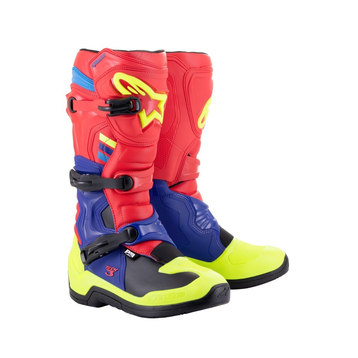 Bottes Alpinestars Tech 3 Rouge Brillant Bleu Foncé Jaune Fluo 
