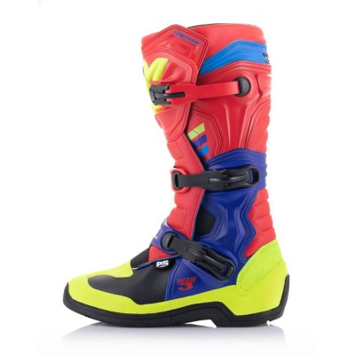 Bottes Alpinestars Tech 3 Rouge Brillant Bleu Foncé Jaune Fluo 