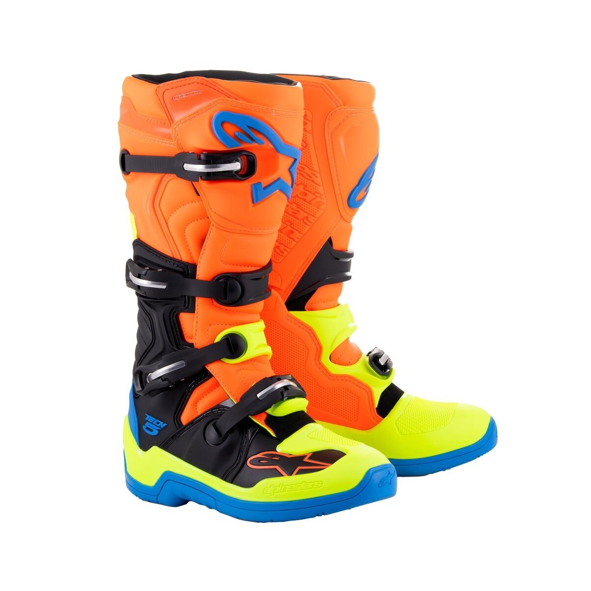 Bottes Alpinestars Tech 5 Orange Fluo Bleu Enamel Jaune Fluo 