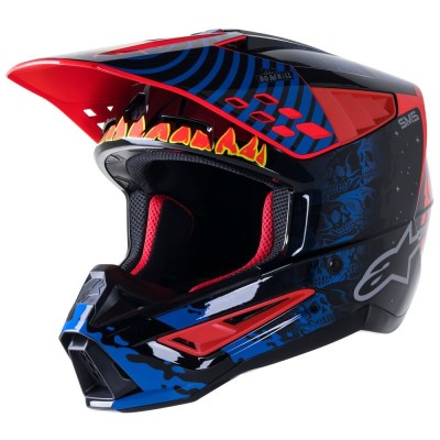 Casque Alpinestars S-M5 Solar Flare Noir Bleu Rouge Fluo Brillant 